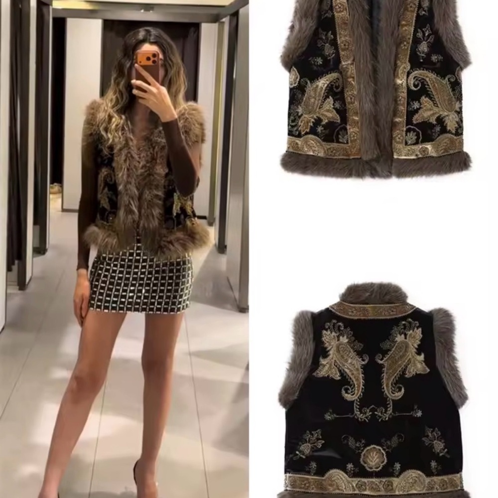 Embroidered Black and Gold Vest with Fur Trim